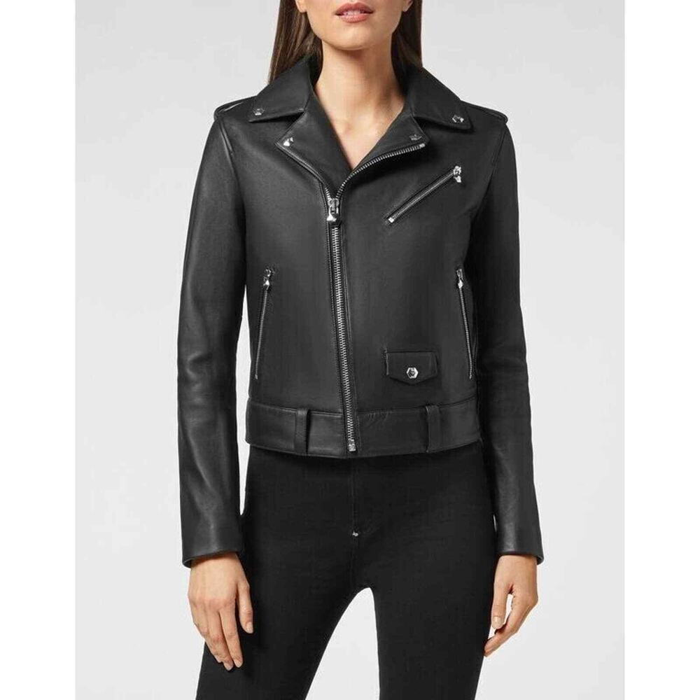 Philipp Plein Black Leather Biker Jacket Women Moto Asymmetric Zip XS NEW
